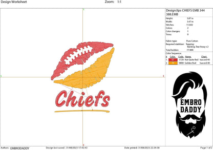 Machine Embroidery, lips Chiefs embroidery design, football gift idea PES, xxx, hus & more, fan embroidery files