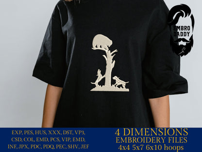 Machine Embroidery files, Hounds hunt a black bear, PES, xxx, dst, hus & more