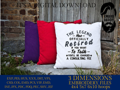 Machine Embroidery files, the legend has retired, PES, DST, hus & more