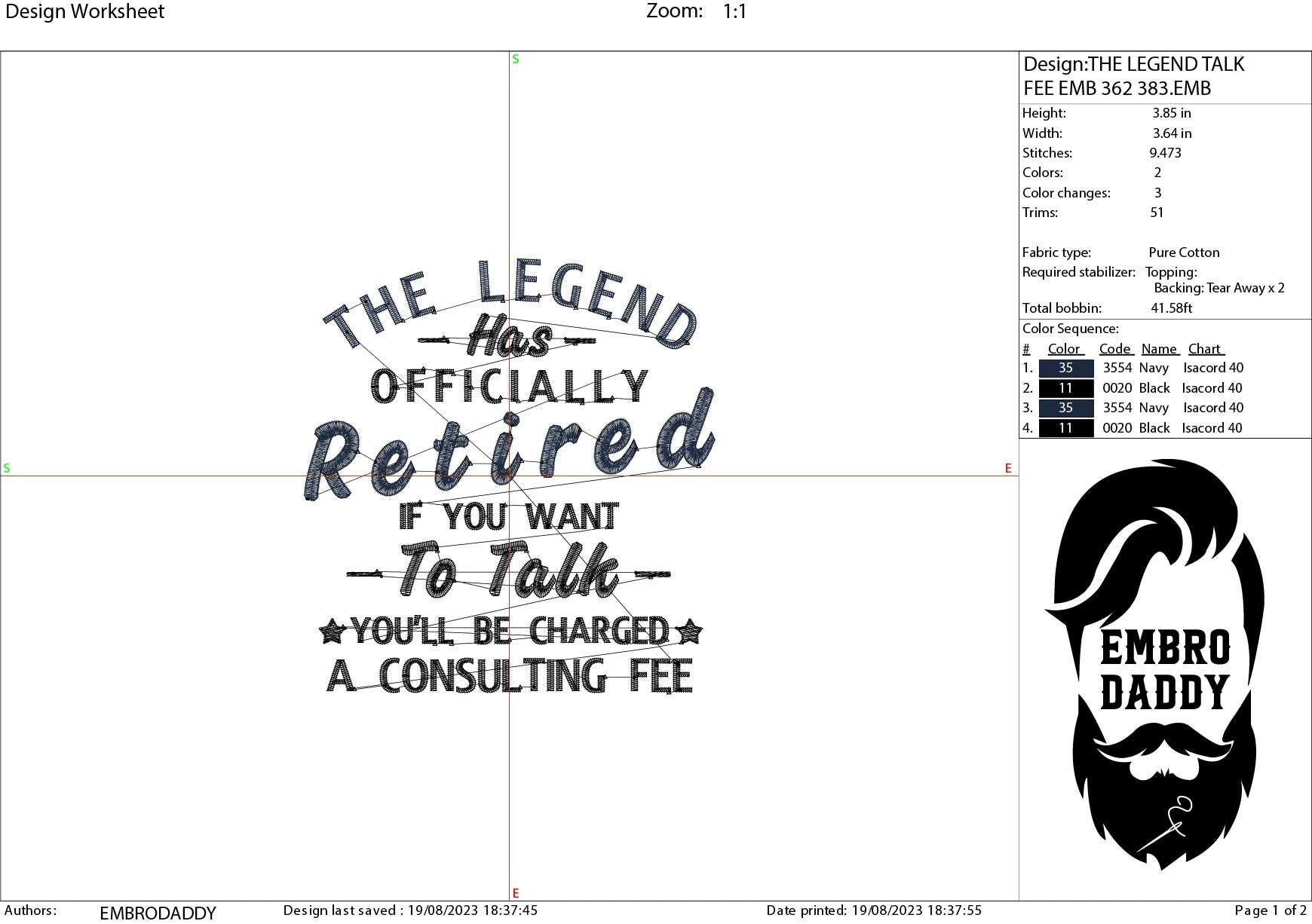 Machine Embroidery files, the legend has retired, PES, DST, hus & more
