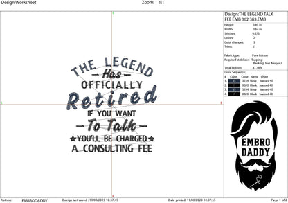 Machine Embroidery files, the legend has retired, PES, DST, hus & more