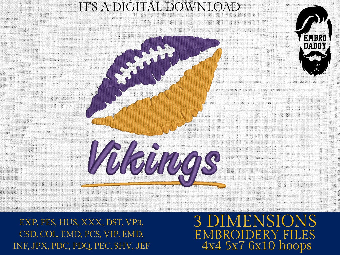 Machine Embroidery, lips Vikings embroidery design, football gift idea PES, xxx, hus & more, fan embroidery files