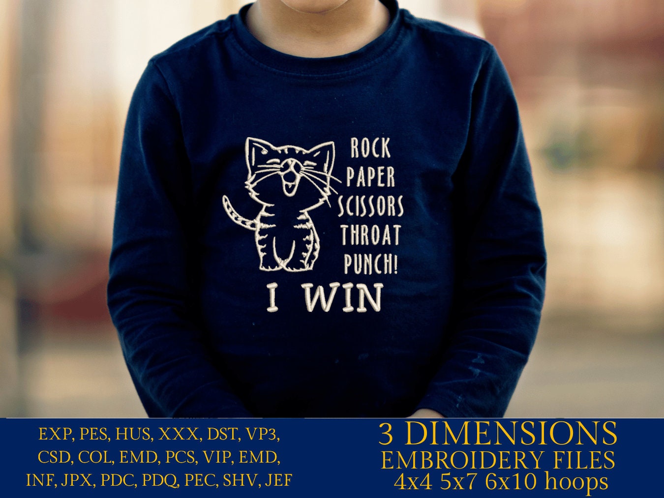 Machine Embroidery files, Cat Rock Paper Scissors Throat Punch, PES, DST, xxx, hus and more