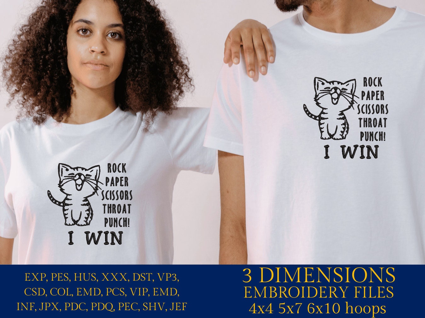 Machine Embroidery files, Cat Rock Paper Scissors Throat Punch, PES, DST, xxx, hus and more