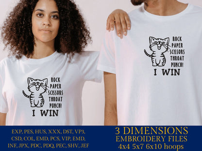 Machine Embroidery files, Cat Rock Paper Scissors Throat Punch, PES, DST, xxx, hus and more