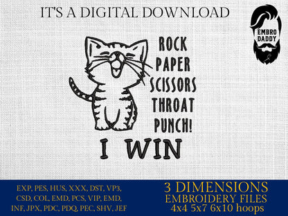 Machine Embroidery files, Cat Rock Paper Scissors Throat Punch, PES, DST, xxx, hus and more