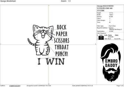Machine Embroidery files, Cat Rock Paper Scissors Throat Punch, PES, DST, xxx, hus and more