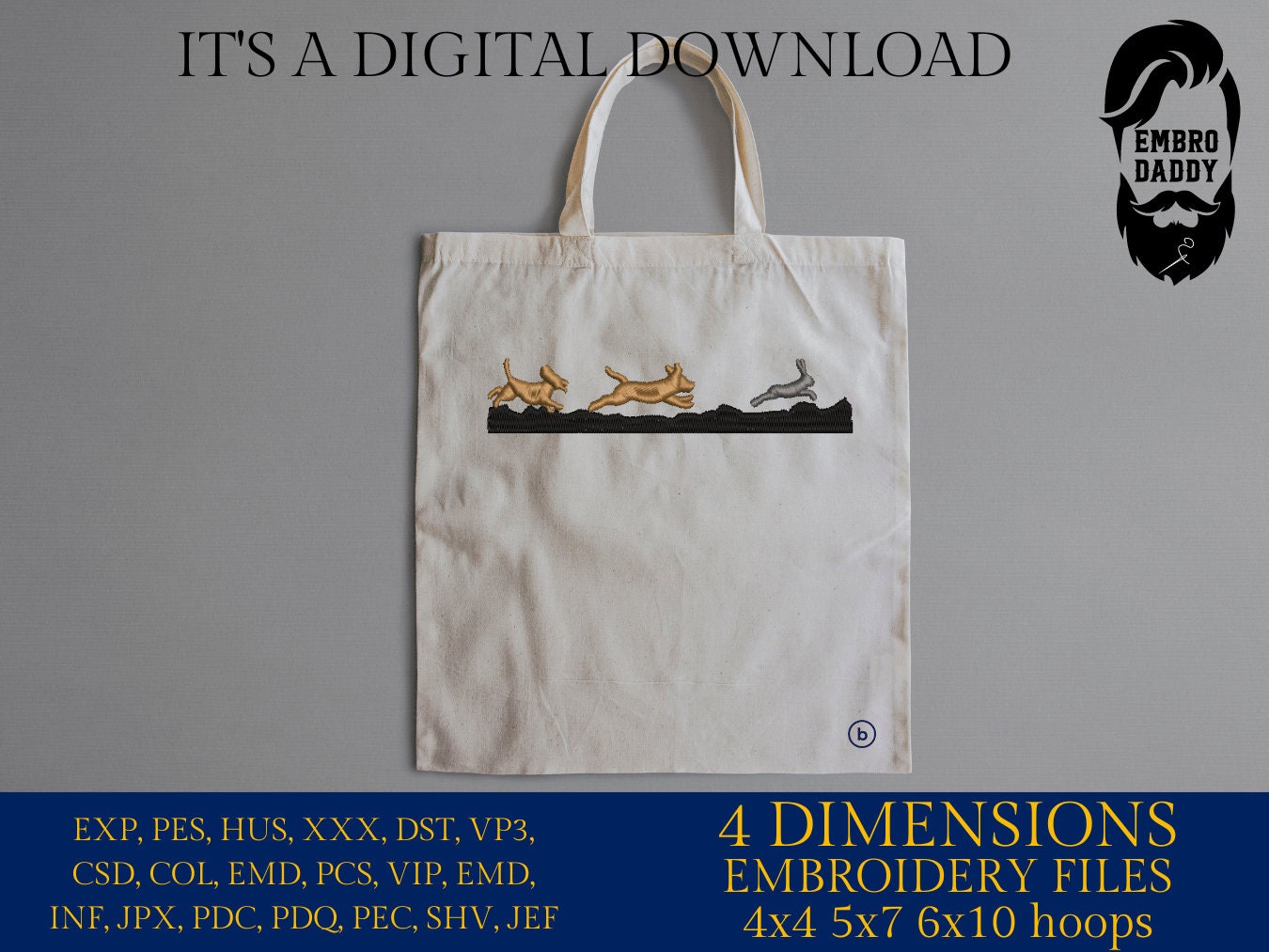 Machine Embroidery files, Beagles hunt a rabbit, PES, xxx, dst, hus & more