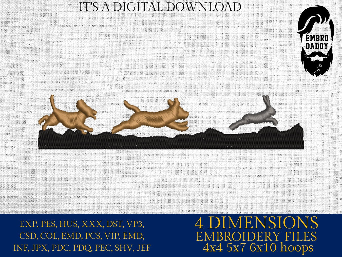 Machine Embroidery files, Beagles hunt a rabbit, PES, xxx, dst, hus & more