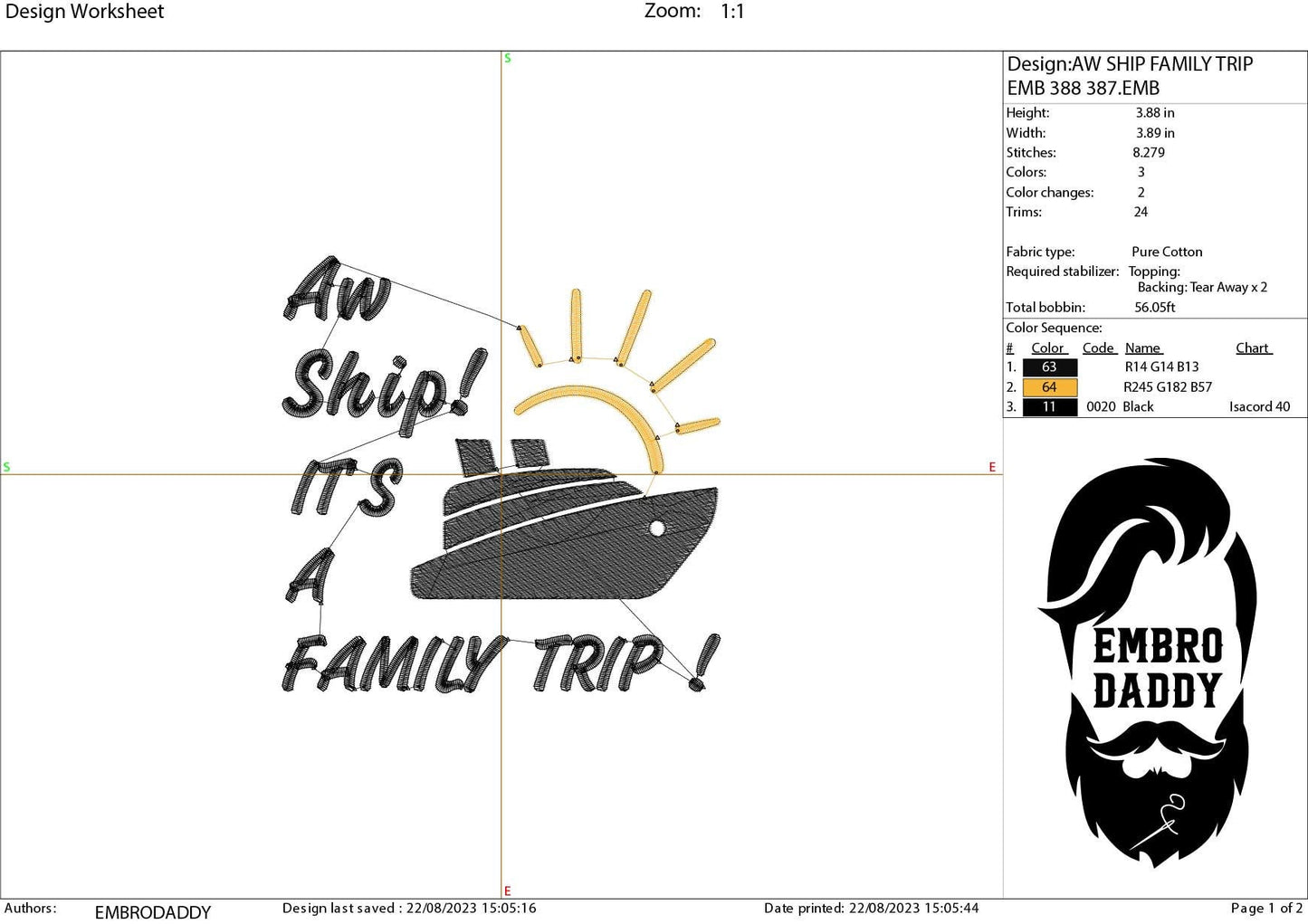 Machine Embroidery files, aw ship it's a family trip, DST, PES, xxx, hus & more