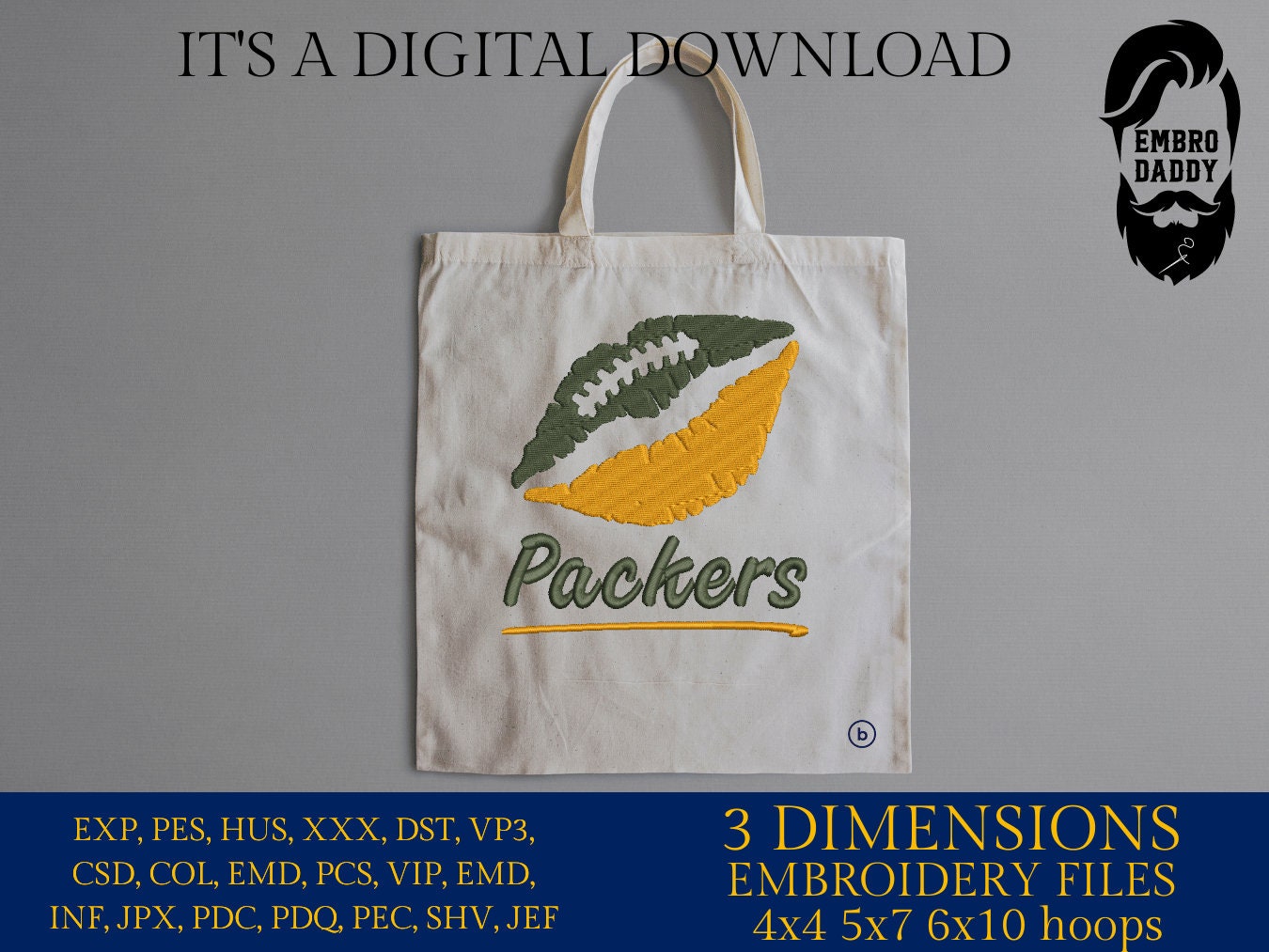 Machine Embroidery, lips Packers embroidery design, football gift idea PES, xxx, hus & more, fan embroidery files