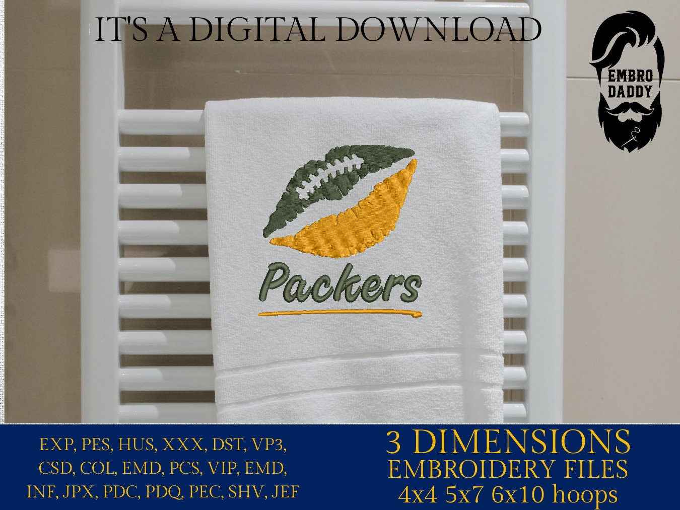 Machine Embroidery, lips Packers embroidery design, football gift idea PES, xxx, hus & more, fan embroidery files