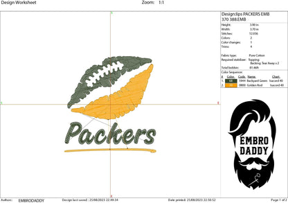 Machine Embroidery, lips Packers embroidery design, football gift idea PES, xxx, hus & more, fan embroidery files