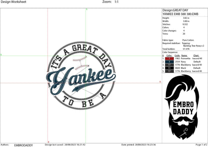 Machine Embroidery files, It's a Great Day To Be A Yankee, PES, xxx, hus & more, embroidery files