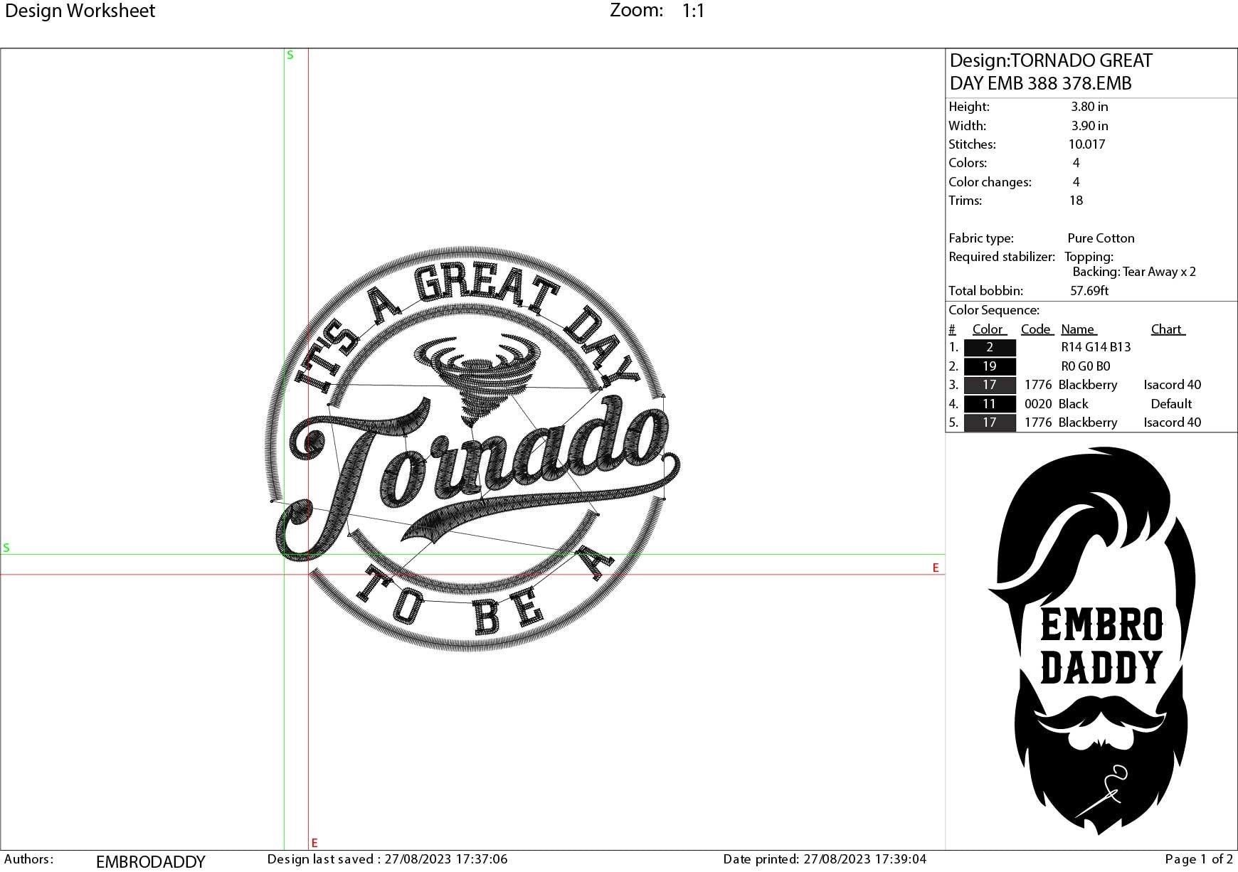 Machine Embroidery files, It's a Great Day To Be A Tornado, PES, xxx, hus & more, embroidery files