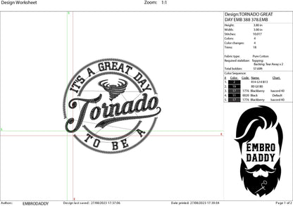 Machine Embroidery files, It's a Great Day To Be A Tornado, PES, xxx, hus & more, embroidery files