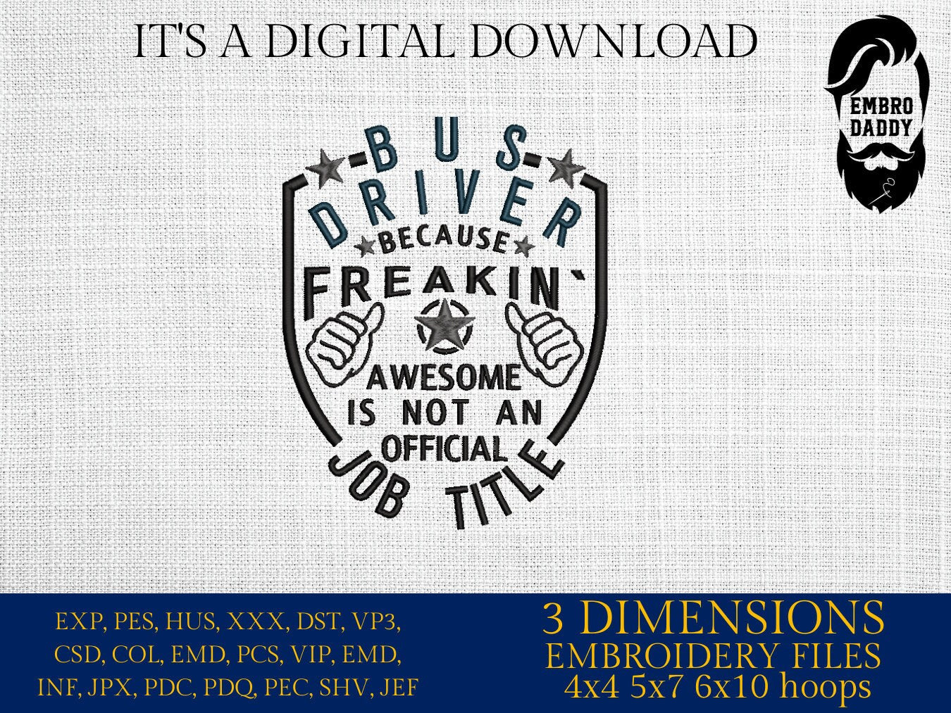 Machine Embroidery files, Bus Driver, PES, DST, xxx, hus & more