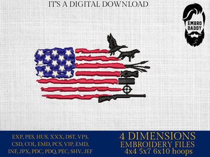 Machine Embroidery files, Duck Hunting USA Flag, PES, DST, xxx, hus & more,