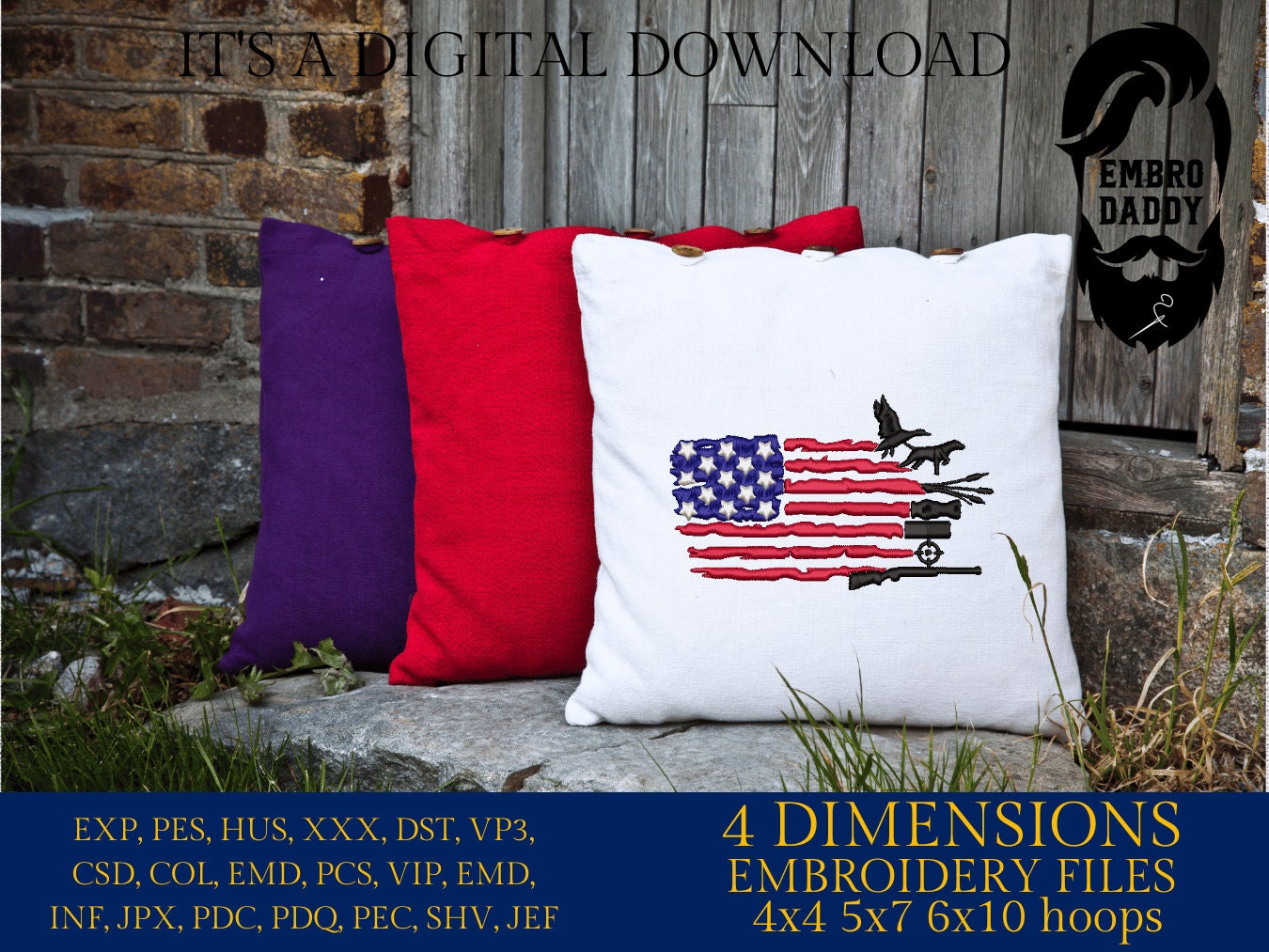 Machine Embroidery files, Duck Hunting USA Flag, PES, DST, xxx, hus & more,