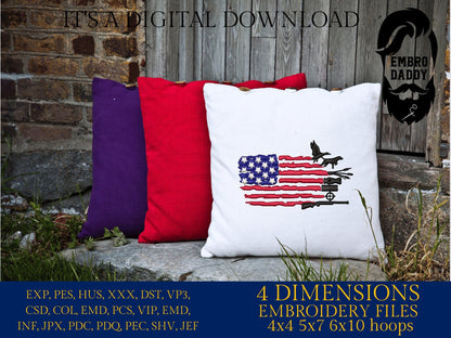 Machine Embroidery files, Duck Hunting USA Flag, PES, DST, xxx, hus & more,