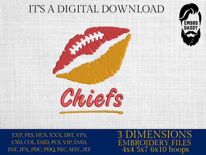 Machine Embroidery, lips Chiefs embroidery design, football gift idea PES, xxx, hus & more, fan embroidery files