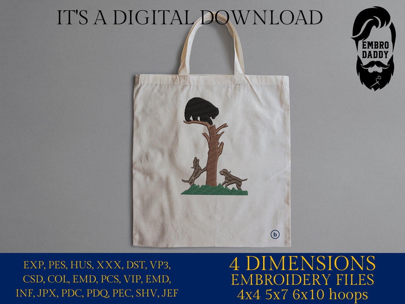 Machine Embroidery files, Hounds hunt a black bear, PES, xxx, dst, hus & more