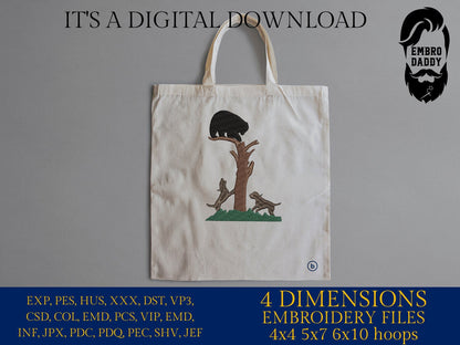 Machine Embroidery files, Hounds hunt a black bear, PES, xxx, dst, hus & more