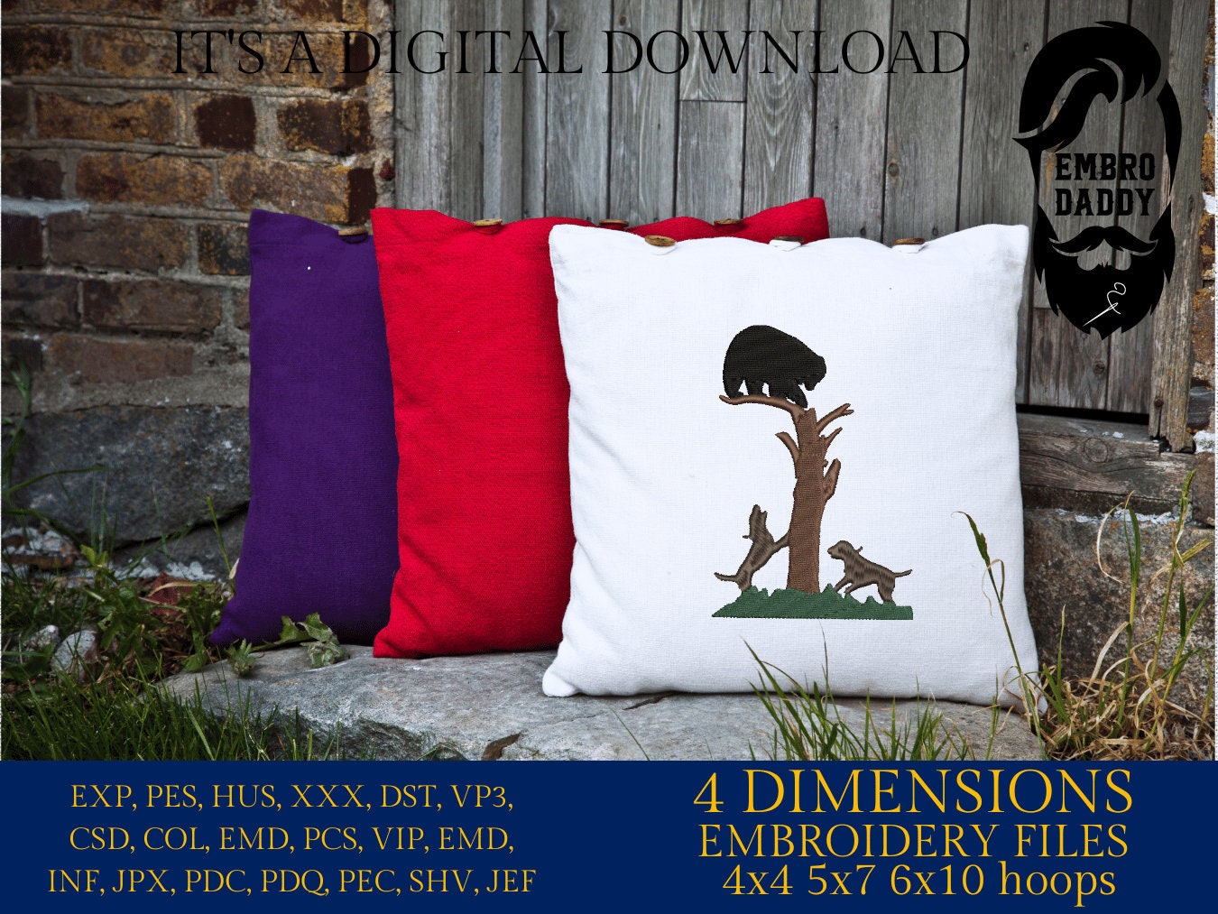 Machine Embroidery files, Hounds hunt a black bear, PES, xxx, dst, hus & more