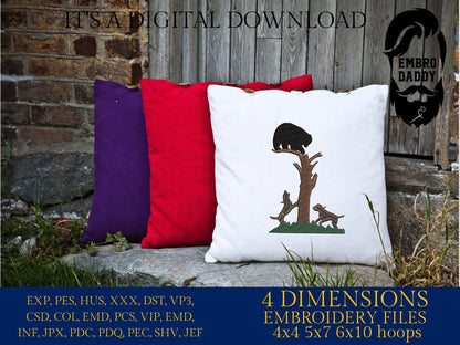 Machine Embroidery files, Hounds hunt a black bear, PES, xxx, dst, hus & more