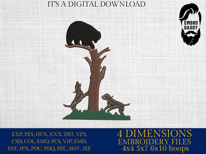 Machine Embroidery files, Hounds hunt a black bear, PES, xxx, dst, hus & more
