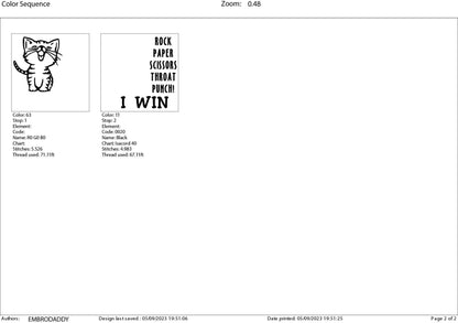 Machine Embroidery files, Cat Rock Paper Scissors Throat Punch, PES, DST, xxx, hus and more