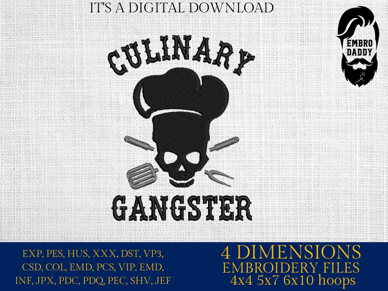 Machine Embroidery files, culinary skull chef, PES, xxx, hus & more