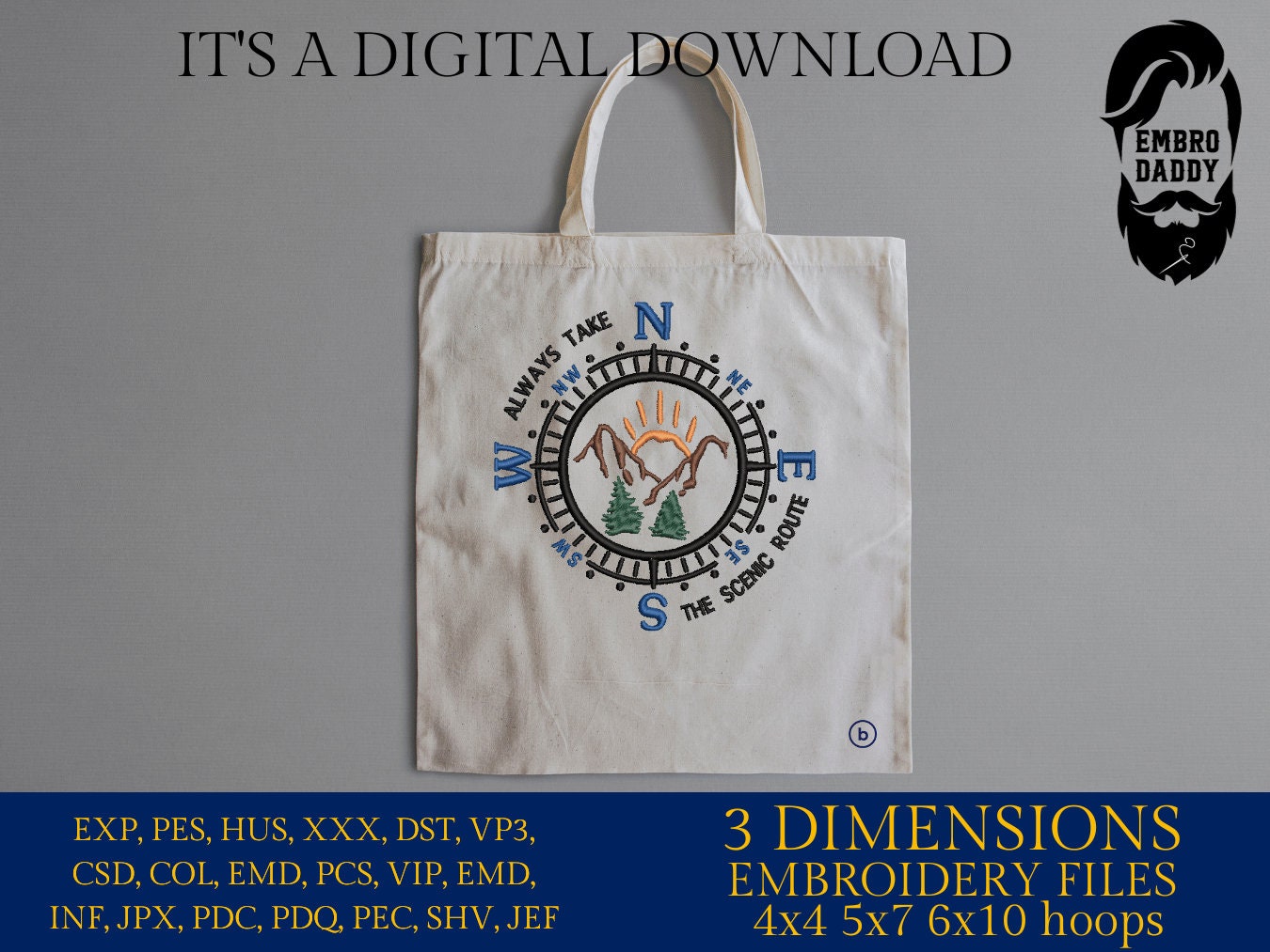 Machine Embroidery files, always take the scenic route, PES, DST, xxx, hus & more