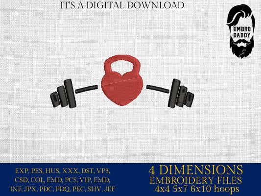 Machine Embroidery files, Barbell, Kettlebell , heart, gym, dst ,PES, xxx, hus & more