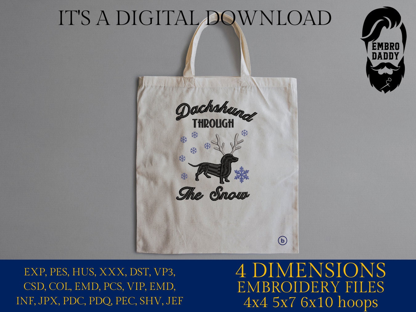 Machine Embroidery files, Dachshund through the Snow, PES, DST, xxx, hus and more