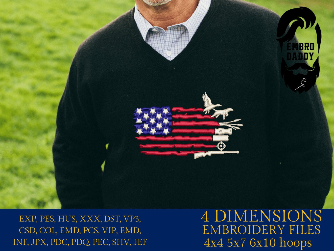 Machine Embroidery files, Duck Hunting USA Flag, PES, DST, xxx, hus & more,