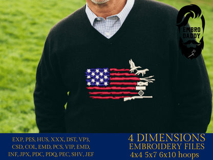 Machine Embroidery files, Duck Hunting USA Flag, PES, DST, xxx, hus & more,