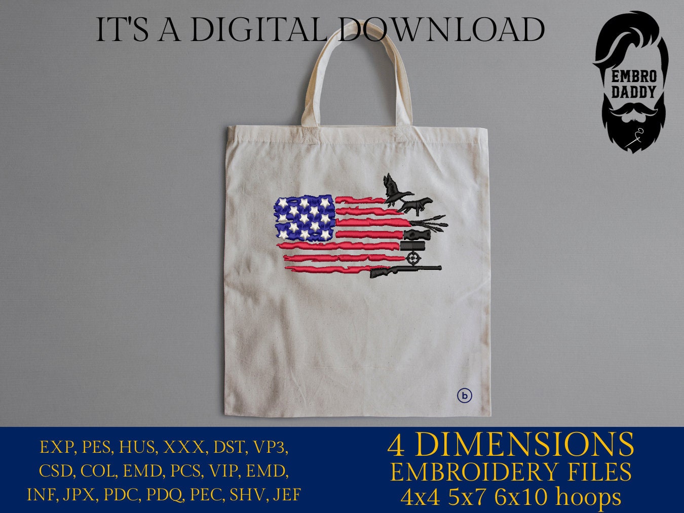 Machine Embroidery files, Duck Hunting USA Flag, PES, DST, xxx, hus & more,