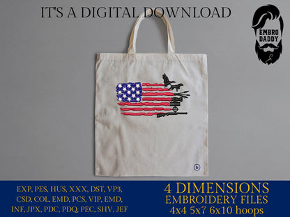 Machine Embroidery files, Duck Hunting USA Flag, PES, DST, xxx, hus & more,