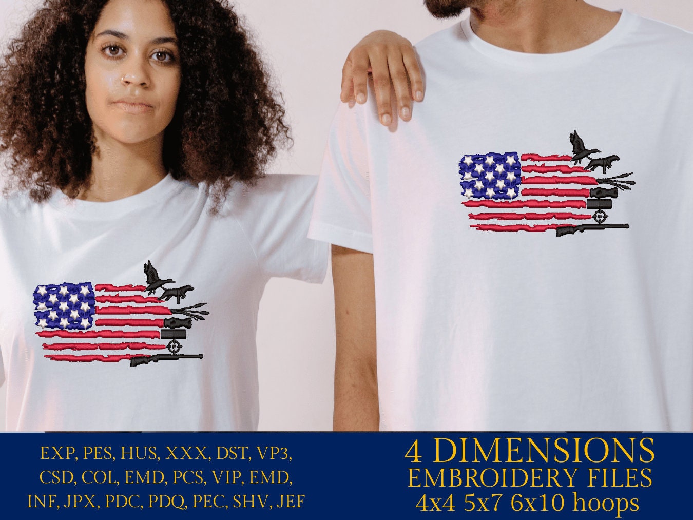 Machine Embroidery files, Duck Hunting USA Flag, PES, DST, xxx, hus & more,