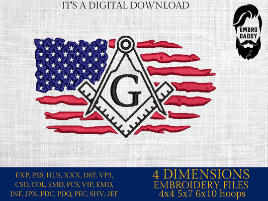 Machine Embroidery files, Masonry, freemasonry, Usa Flag PES, DST, xxx, hus & more