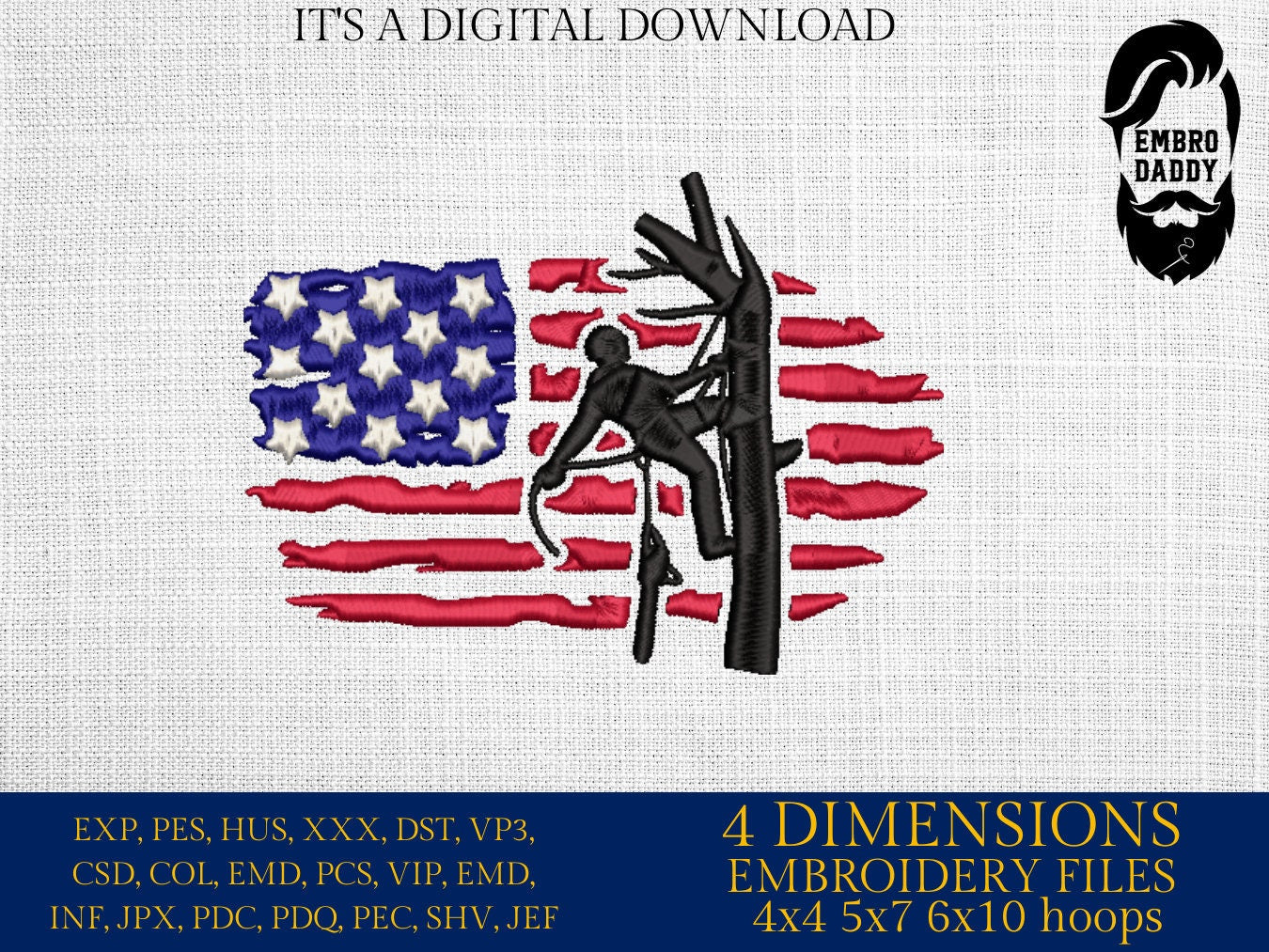 Machine Embroidery files, USA flag Arborist, PES, dst, xxx, hus & more