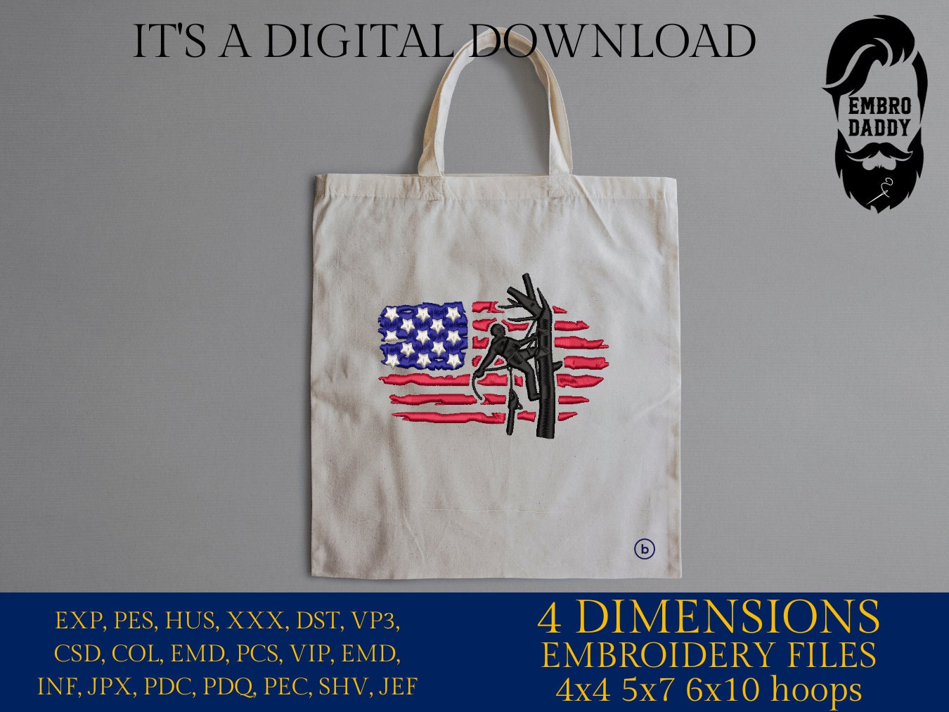 Machine Embroidery files, USA flag Arborist, PES, dst, xxx, hus & more