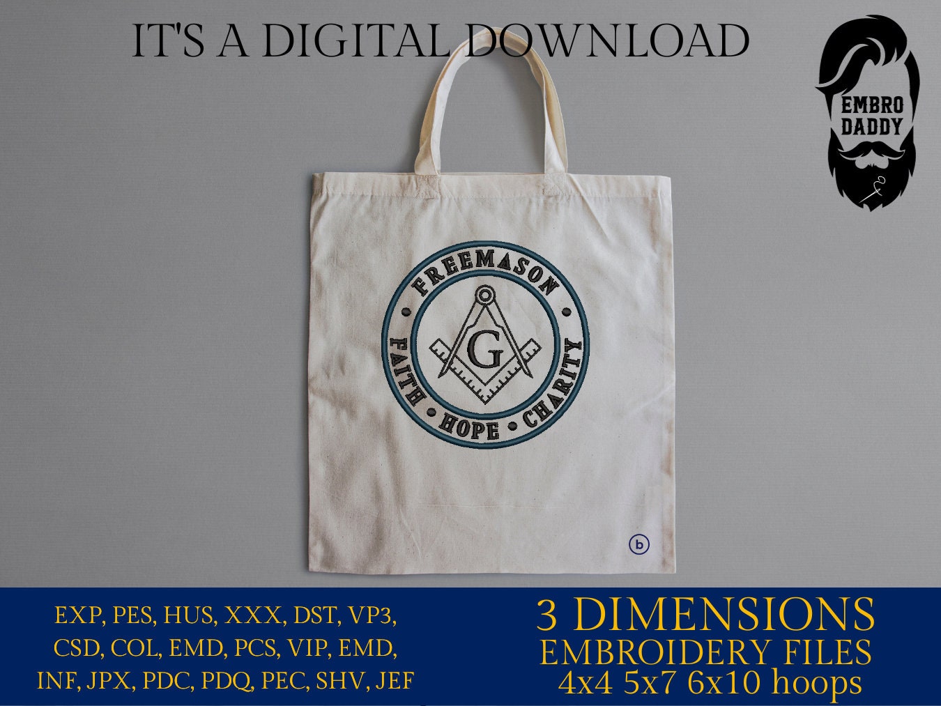 Machine Embroidery files, Freemason, faith, hope, charity PES, DST, xxx, hus & more