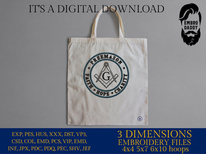 Machine Embroidery files, Freemason, faith, hope, charity PES, DST, xxx, hus & more