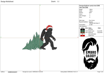 Machine Embroidery files, Bigfoot Santa Claus with Christmas tree, Bigfoot pes, Big Foot, Yeti, Sasquatch PES, xxx, hus & more