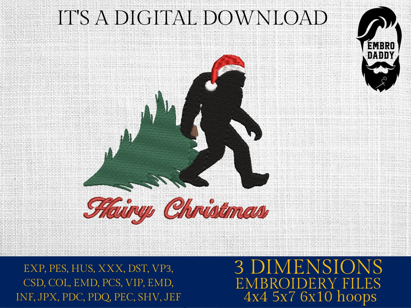 Machine Embroidery files, Hairy Christmas, Bigfoot Santa Claus with Christmas tree, Big Foot, Yeti, Sasquatch PES, xxx, hus & more