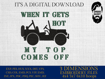 Machine Embroidery files, gets hot, top comes off, Off road car, PES, xxx, dst, hus & more