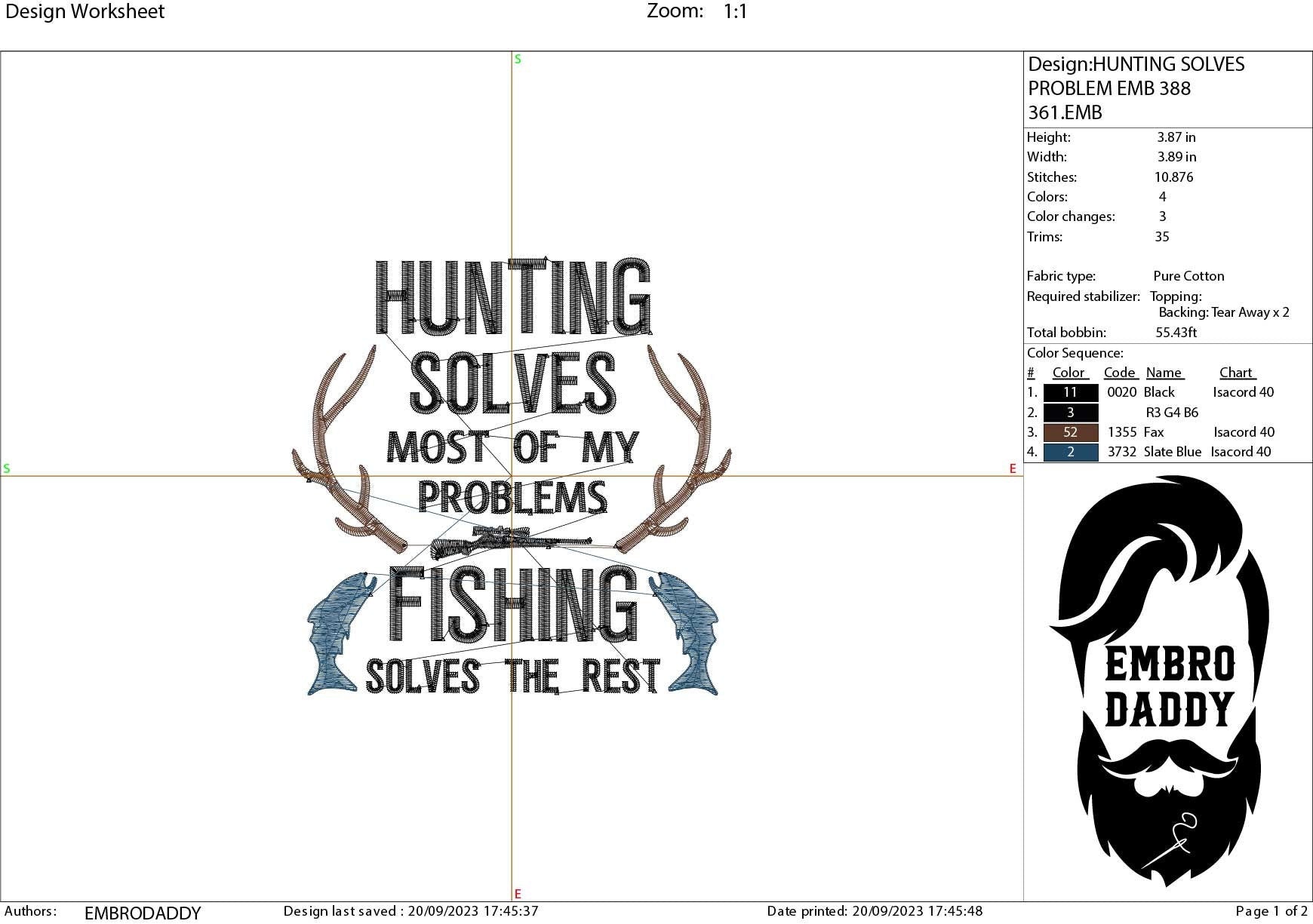 Machine Embroidery files, Hunting solves most of my problems, fishing, PES, DST, xxx, hus and more