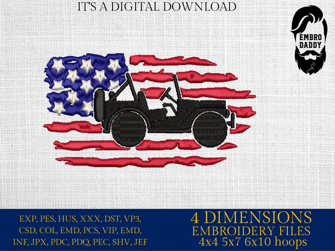 Machine Embroidery files, USA flag, Off road car, PES, xxx, dst, hus & more